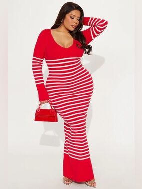 Red & White Striped Maxi Dress